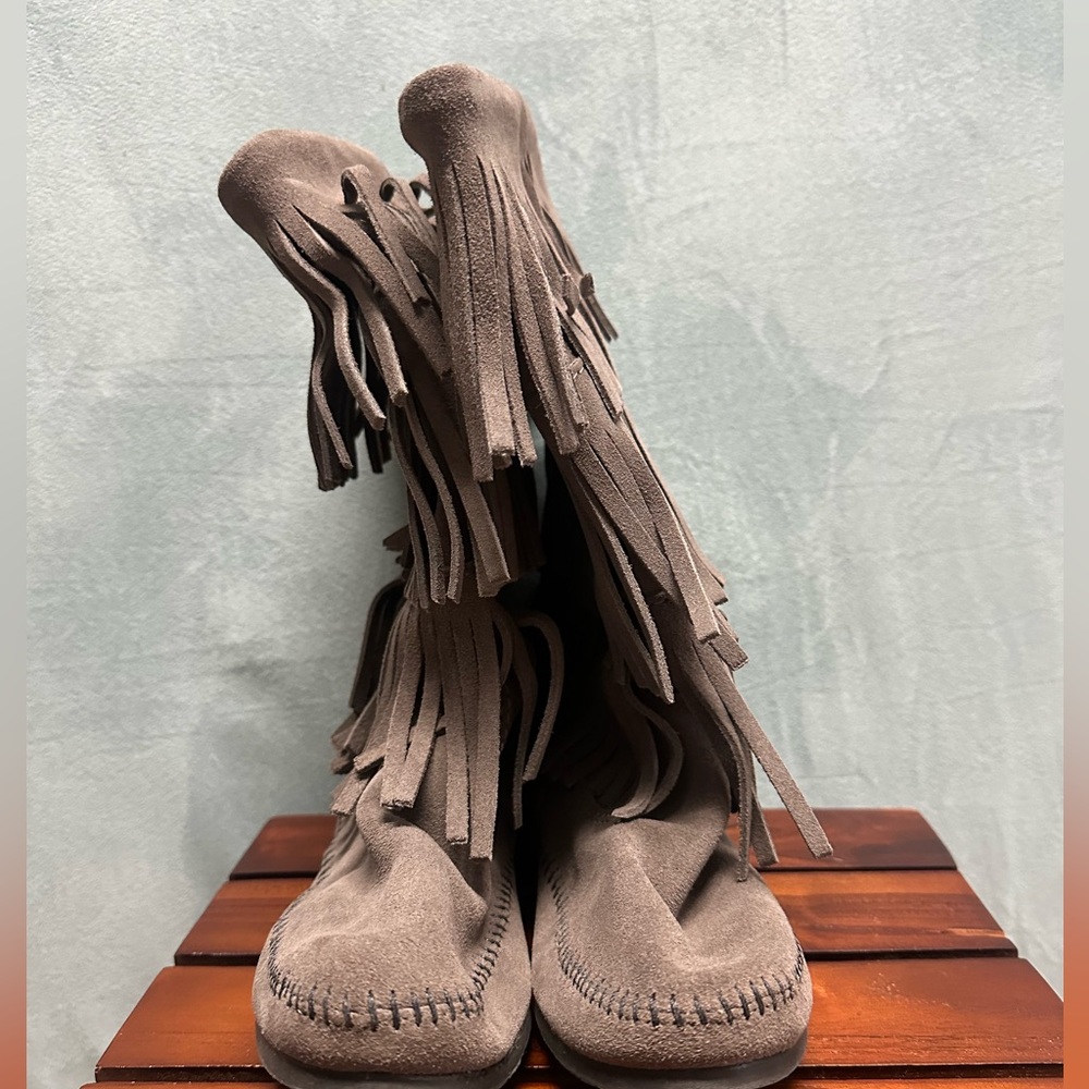 Minnetonka - 3 Layer Fringe Boot - Grey - image 2